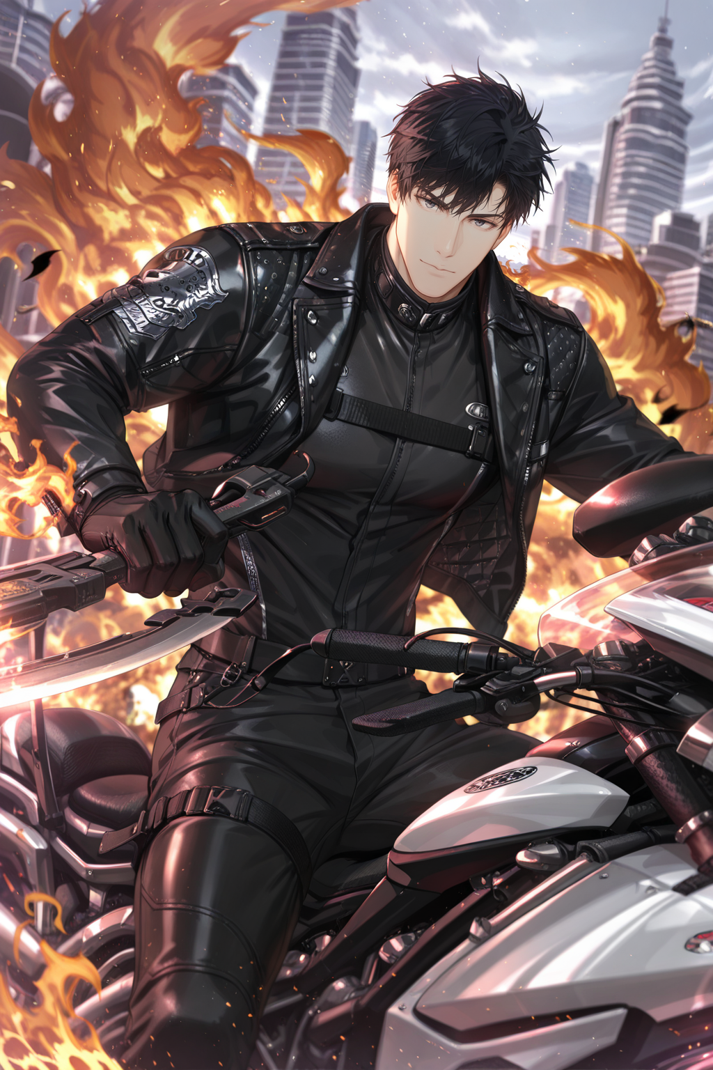 <lora:osborn-IL:0.8>,osborn, 1boy, black hair, male focus, motorcycle, solo, black pants, jacket, pants, gloves, weapon, holding, black jacket, short hair, black gloves, motor vehicle, fire, closed mouth,looking at viewer,riding,bara,male focus,very awa,masterpiece,best quality,amazing quality,nsfw,uncersored,highres,best quality,amazing quality,best aesthetic,absurdres,
