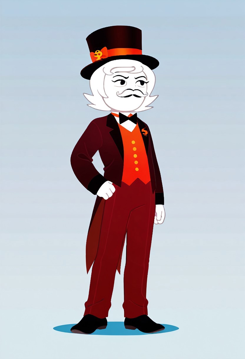 Score_9, score_8_up, score_7_up, Homestuck^2_style, solo, full body, white skin, suit, top hat, mustache, white hair