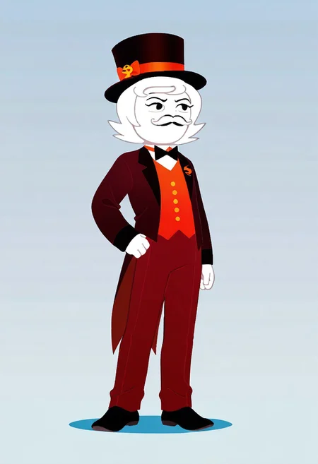 Score_9, score_8_up, score_7_up, Homestuck^2_style, solo, full body, white skin, suit, top hat, mustache, white hair