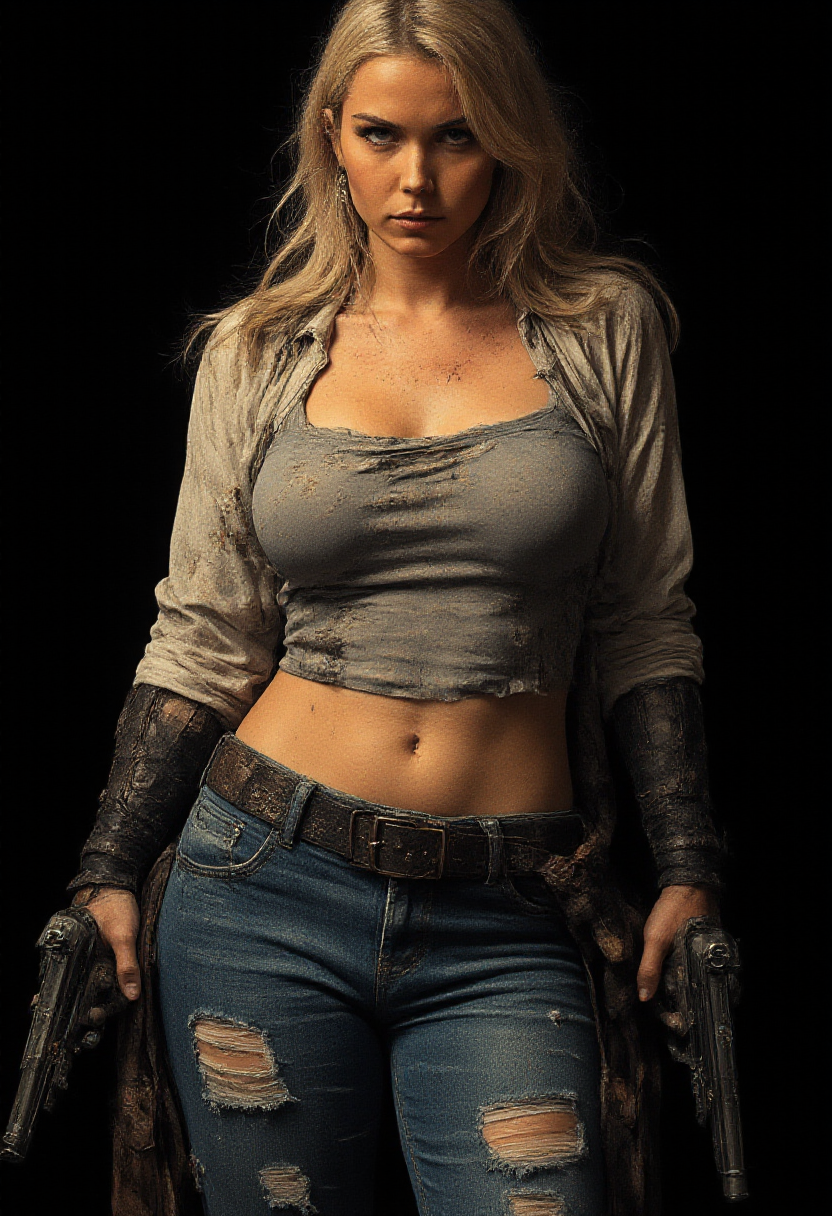 Female karolineleavitt her huge tits. Perfect nipples. Breasts out of costume. She wears he's wearing ripped, oil-stained jeans. Her arms on pistols. Black  background. <lora:RetroAnimeFluxV1:0.7> <lora:Mezzotint_Artstyle_for_Flux_-_by_Ethanar:0.7> <lora:Karoline_Leavitt_FLUX:1> <lora:CPA:0.8>