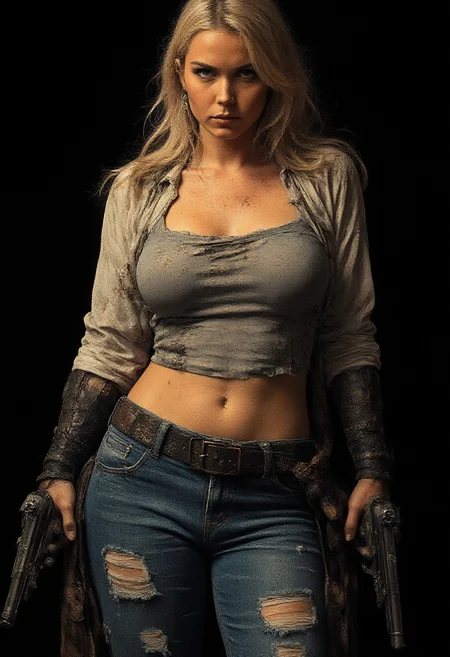 Female karolineleavitt her huge tits. Perfect nipples. Breasts out of costume. She wears he's wearing ripped, oil-stained jeans. Her arms on pistols. Black  background. <lora:RetroAnimeFluxV1:0.7> <lora:Mezzotint_Artstyle_for_Flux_-_by_Ethanar:0.7> <lora:Karoline_Leavitt_FLUX:1> <lora:CPA:0.8>