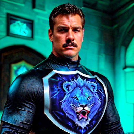 leoricvisionaries, 30 year old man, black hair, tight blue muscular superhero lycra suit, lycra pants, muscular body, handsome, lion emblem chest, cinematic masterpiece, medieval background, short hair, detailed face, cinematic,  sorcerer room background