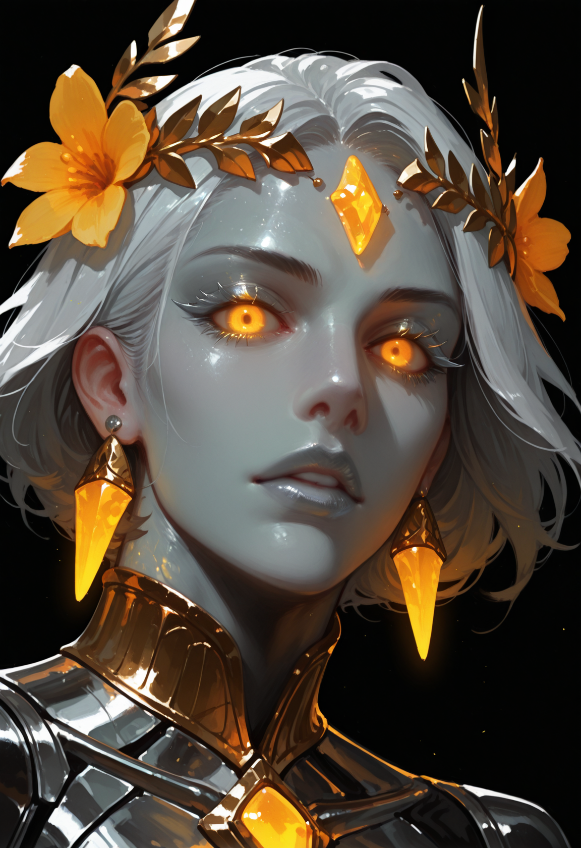 1girl, flower, solo, looking at viewer, glowing, hair flower, yellow eyes, hair ornament, jewelry, portrait, black background, lips, glowing eyes, colored skin, simple background, earrings, , parted lips, gem,  metallic skin, loral laurel crown, silver lips, silver eyeshadow, silver eyelashes, 
close-up,, masterwork, masterpiece, best quality, , dynamic pose,,  dynamic angle, , , (realistic:1.2), (lineless:1.2), detailed, <lora:Detailer_NoobAI_Incrs_v1:0.75>, , aged up, adult, depth of field, , blurry, cheekbones, dynamic lighting