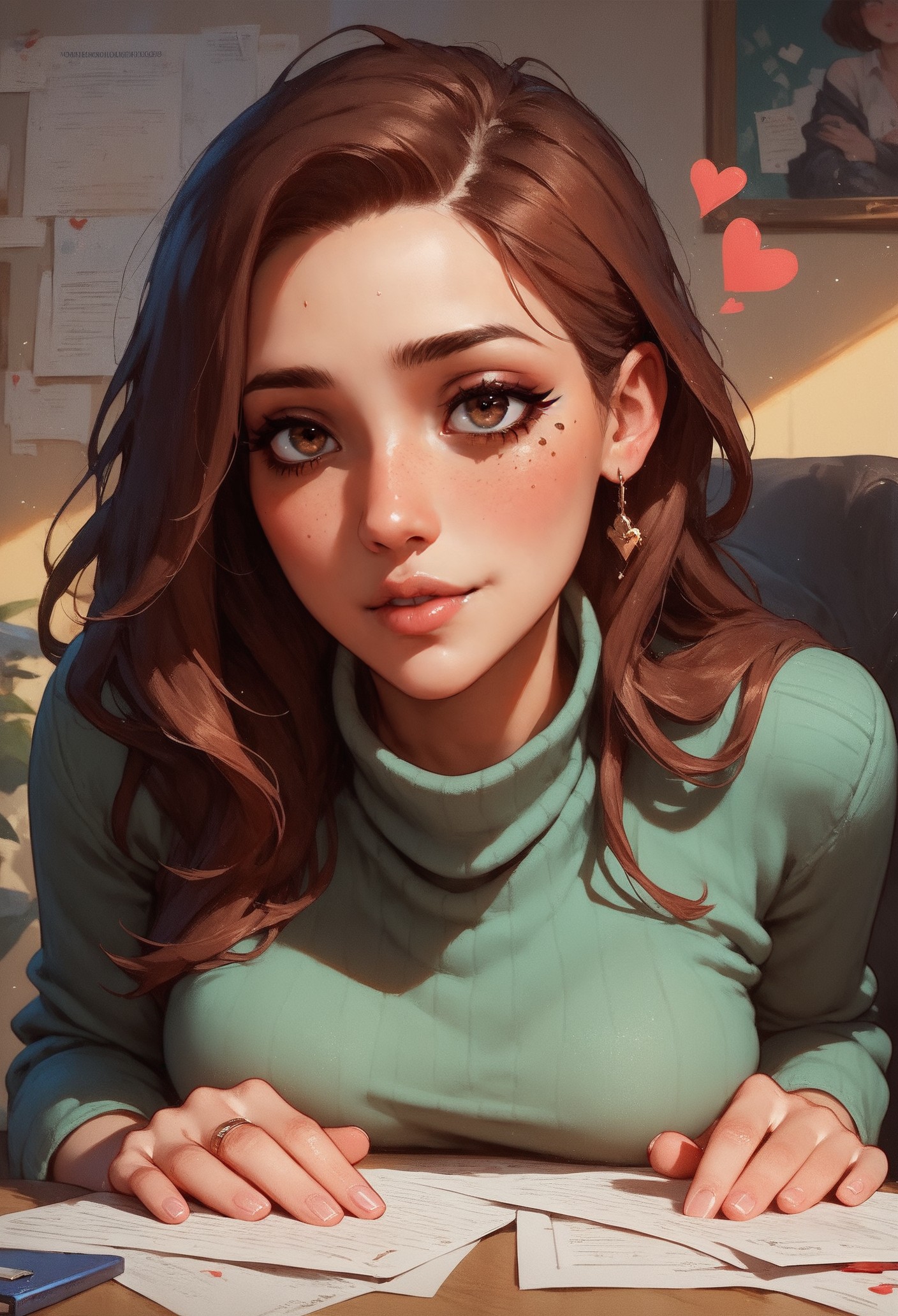 (score_9, score_8_up:1.1), score_7_up,  1girl, solo, expressive, hearts, dynamic, brown hair, brown eyes, pale skin girl, pale skin, freckles, green turtleneck, cozy, blush, in_office, looking_longingly, seductive, sexy_woman  <lora:sdxl/pony_twilight_style:0.8> <lora:sdxl/Expressive_H-000001:0.8>