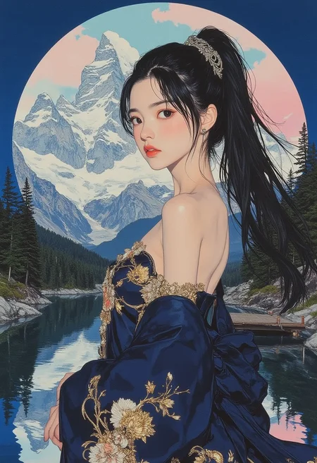 **Pingtu style, illustration-fen**: A hyper-realistic, highly detailed, and stylized artwork of a woman in a fantastical Japanese-inspired ensemble set against a surreal landscape. Her fair skin contrasts with long, flowing black hair styled in a high ponytail adorned with an intricate metal hairpiece, its delicate details shimmering as strands move ethereally. She wears a luxurious dark blue kimono embroidered with elaborate gold filigree, draping off her shoulders to reveal her collarbones and part of her chest. The silk fabric catches the light, emphasizing its rich texture and opulence. Positioned slightly to the left, she gazes upward with an enigmatic expression. Behind her, a mesmerizing circular opening frames a breathtaking mountainous expanse, where rugged, snow-capped peaks blend deep blues and crisp whites beneath a sky transitioning from soft pink at the horizon to midnight blue above. Dense evergreen forests encircle the ethereal gateway, their dark green hues adding depth and contrast. A reflective body of water in the foreground mirrors the sky and trees, its surface smooth and still, with a wooden dock extending into its serenity. The fusion of natural elements with surreal abstraction creates a dreamlike composition, where contemporary digital artistry harmonizes with traditional elegance in a stunning visual masterpiece.
