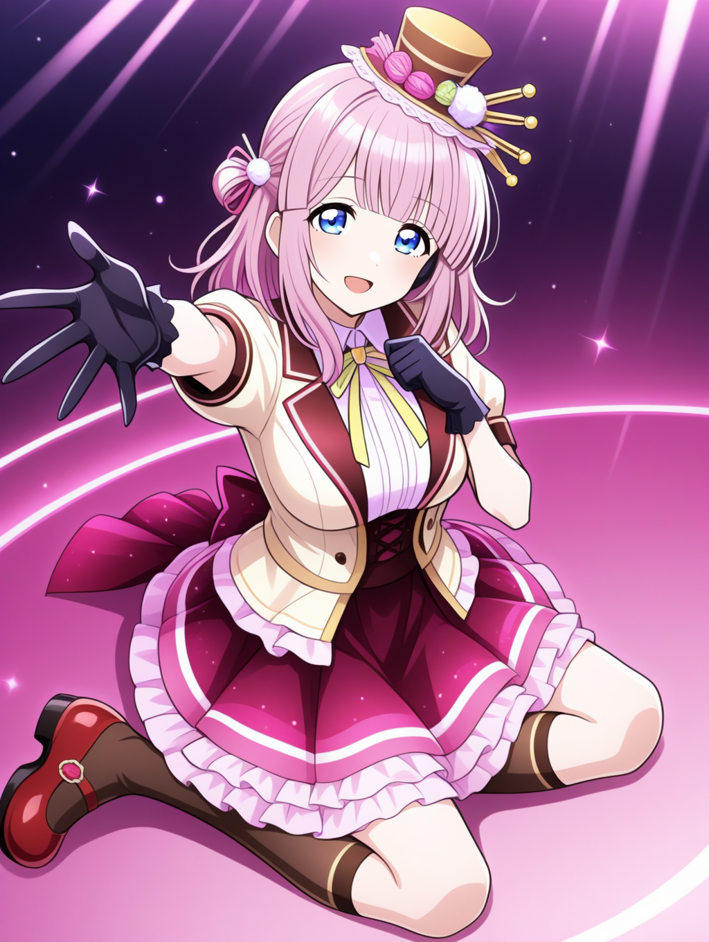 perfect quality,best quality,absolutely eye-catching,ambient occlusion,raytracing BREAK
1girl,<lora:miki utahosi IL v1.1:0.8>,utahosi,pink hair,medium hair,blue eyes,hat,hair ornament,idol,alternate costume,short sleeves,frilled skirt,kneehighs,mary janes,black gloves,solo,, from above,full_shot,the_pose,hands_clasped,reaching,yokozuwari,