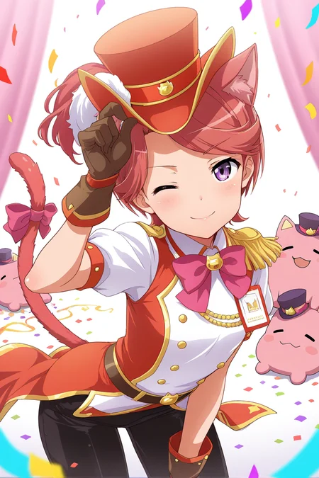 masterpiece, best quality, amazing quality,
<lora:Futaba_IL:1> futaba, hat, one eye closed, confetti, cat tail, gloves, tail, 1girl, short hair, purple eyes, smile, red hair, tail bow, tail ornament, cat ears, bow
