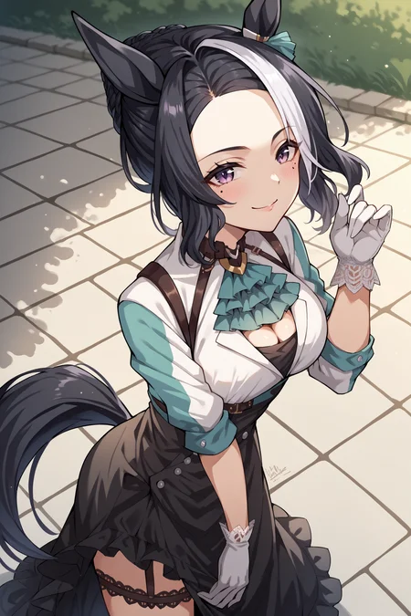 score_9, score_8_up, score_7_up, , rating_general,1girl , rmnsd, horse girl, multicolored hair, braided bun, streaked hair, ear ornament, mole under eye, green ascot,  multicolored clothes ,cleavage cutout, harness, , belt, bracelet, single glove, frilled high-waist skirt, horse tail, single garter strap, single black thighhigh, dynamic angle , source_anime,  cowboy shot, outdoors, naughty face, smile, from side, <lora:MejiroRamonuPDCAMEv3 UMA:1>, full body,
