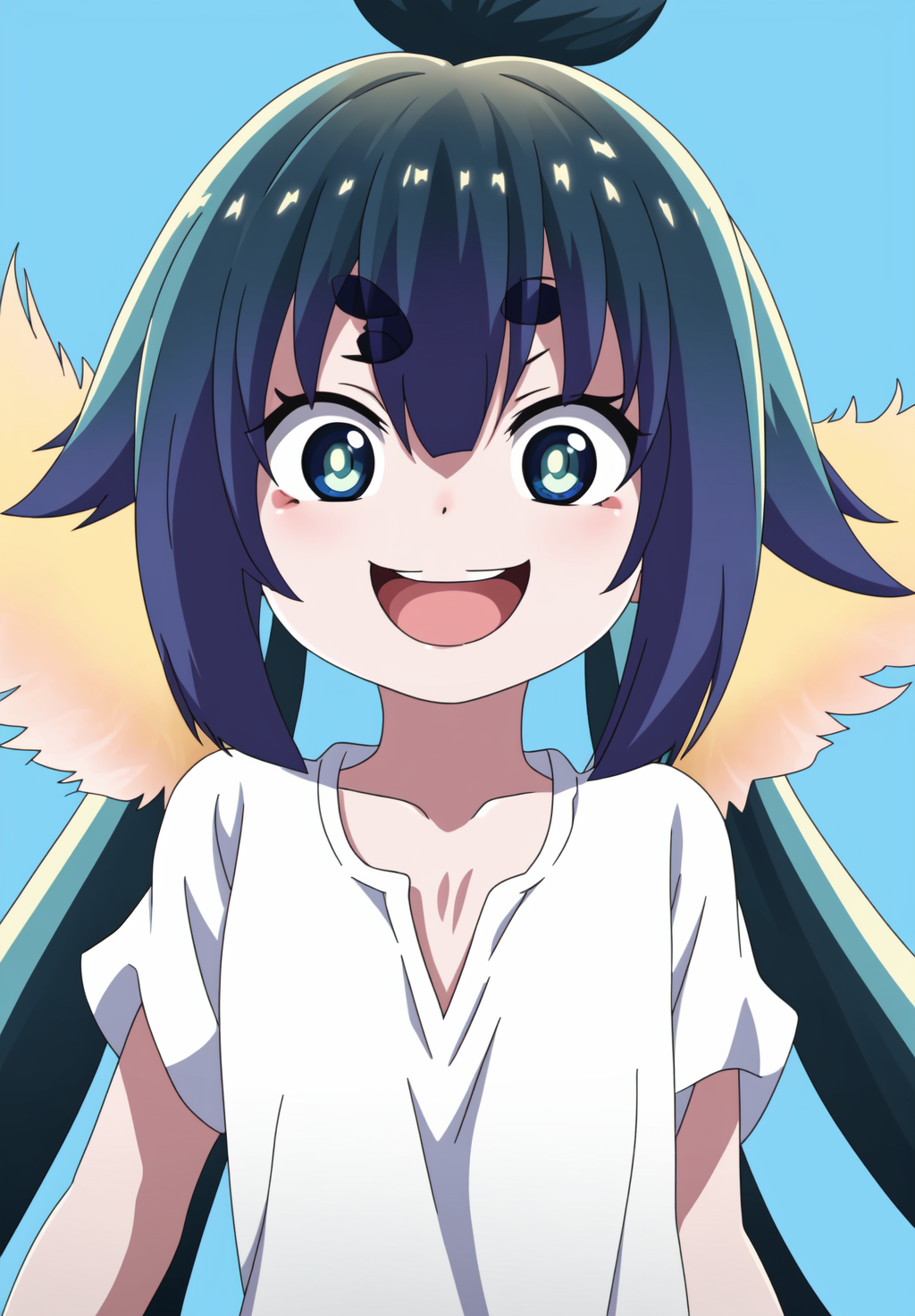 <lora:Mitama:0.8>, Mitama, 1girl, solo, looking at viewer, smile, open mouth, blue eyes, hair between eyes, :d, blue background