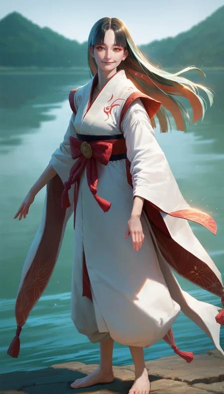score_9,score_8_up,score_7_up,
<lora:Yoshiro:0.9>,
yoshirogoddess,
realistic,
1girl,solo,
black hair,long hair,hime cut,
yellow eyes,red eyeshadow,looking at viewer,smile,
white robe,red ribbon,
barefoot,
full body,standing,
blurry background,bloom,lens flare,shimmering water background reflecting sunlight,lake,light particles,