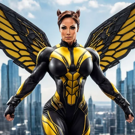female bodybuilder Wasp (Nadia Pym), (biotech suit:1.5), muscular build, wings extended, detailed face, determined expression, futuristic lab background, shrinking and growing in action, shot from distance, detailed Avengers emblem, dynamic pose