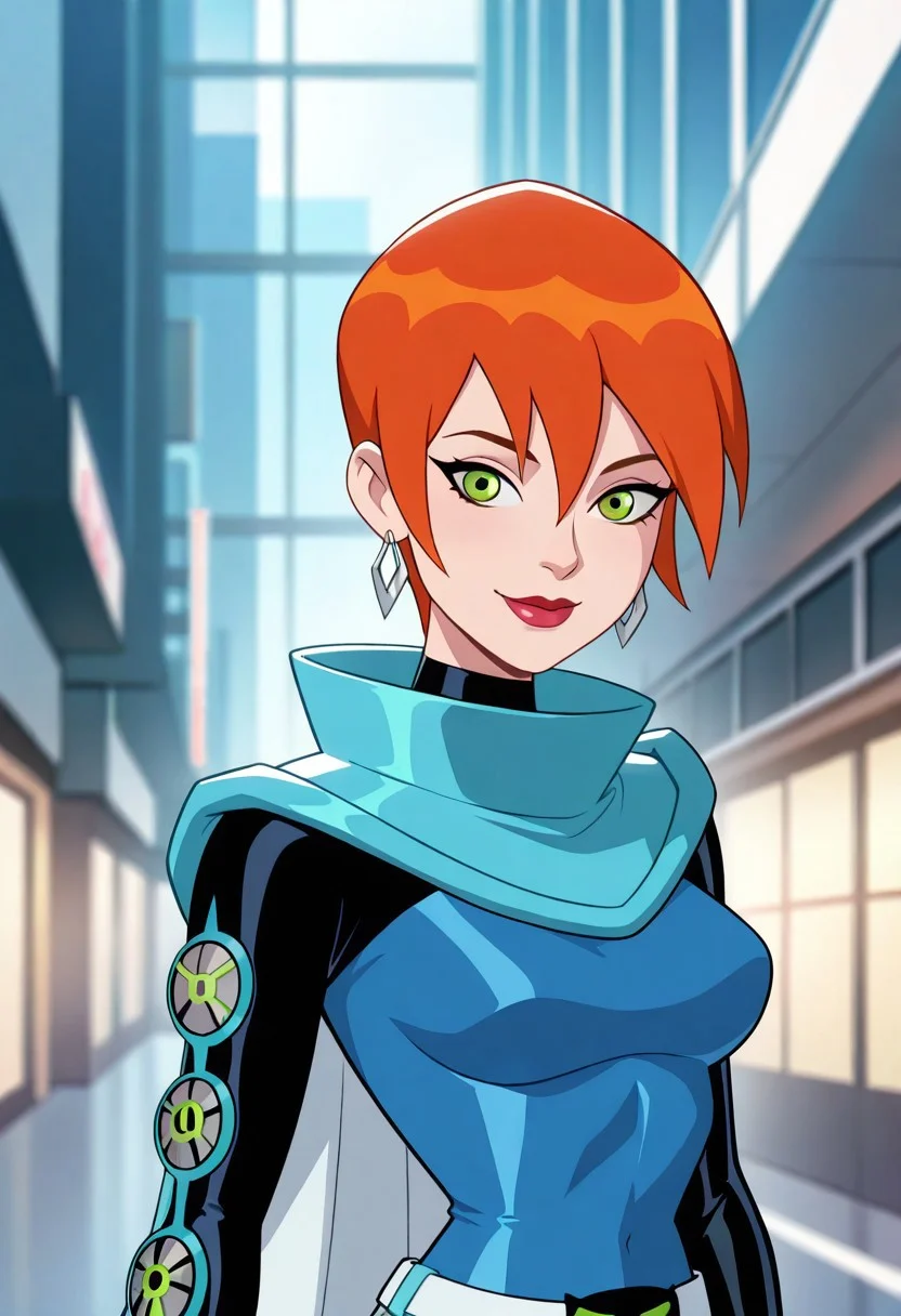cinematic, intricately detailed illustration, depth of field, masterpiece, best quality, amazing quality, very aesthetic, absurdres, newest,Future_gwen,1girl,solo,orange hair,short hair,green eyes,lipstick,jewelry,medium breast,adult female,cape,blue bodysuit,belt,upper body,smile