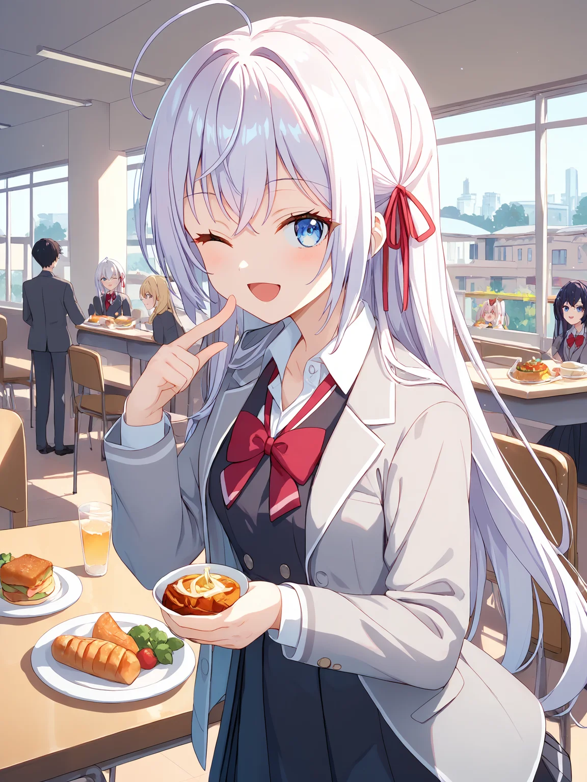 score_9, score_8_up, score_7_up, source_anime,
crowd, looking at viewer, indoors, blurry backround, cowboy shot, happy, one eye closed, school, cafeteria,
school uniform, grey jacket, open jacket, long sleeves, red bow, white shirt, collared shirt, black vest, buttons, black dress,
alya_imoto, blue eyes, white hair, long hair, hair ribbon, red ribbon, ahoge,
<lora:hinaAlyaMashaYuki_wifu_rev2:0.8>