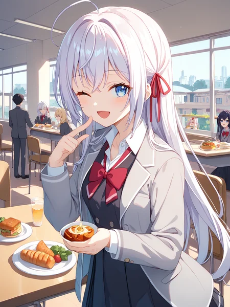 score_9, score_8_up, score_7_up, source_anime,
crowd, looking at viewer, indoors, blurry backround, cowboy shot, happy, one eye closed, school, cafeteria,
school uniform, grey jacket, open jacket, long sleeves, red bow, white shirt, collared shirt, black vest, buttons, black dress,
alya_imoto, blue eyes, white hair, long hair, hair ribbon, red ribbon, ahoge,
<lora:hinaAlyaMashaYuki_wifu_rev2:0.8>