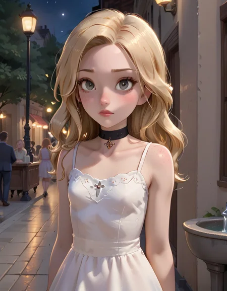 score_9, score_8_up, score_7_up, extremely detailed, 1girl, pale skin, long blonde hair, bangs, freckles, grey eyes, petite, flat chest, choker, wearing short white sundress, night time, standing next to a fountain under a street lamp, open fields in distant background