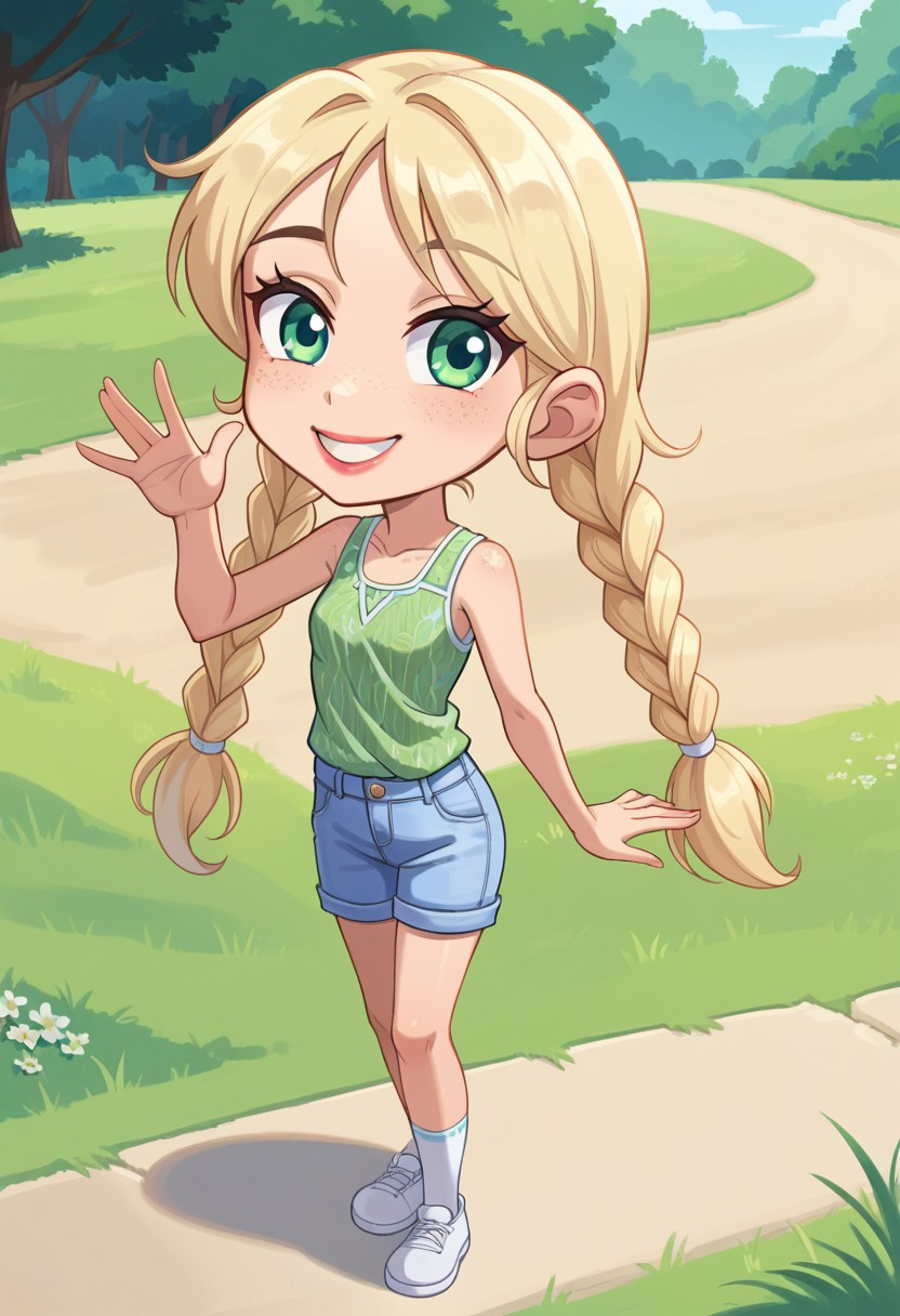 score_8, score_8_up, score_7_up, anime screenshot, 1girl, solo, female focus, EE_JN, green eyes, blonde hair, sidelocks, parted bangs, twin braids, very long hair, lipstick, freckles, mole, layered shirt, print shirt, green shirt, sleeveless shirt, white tank top, shorts, blue shorts, shoes, white socks, white footwear, standing, full body looking at viewer, waving, outdoors, grass, plain, smile,