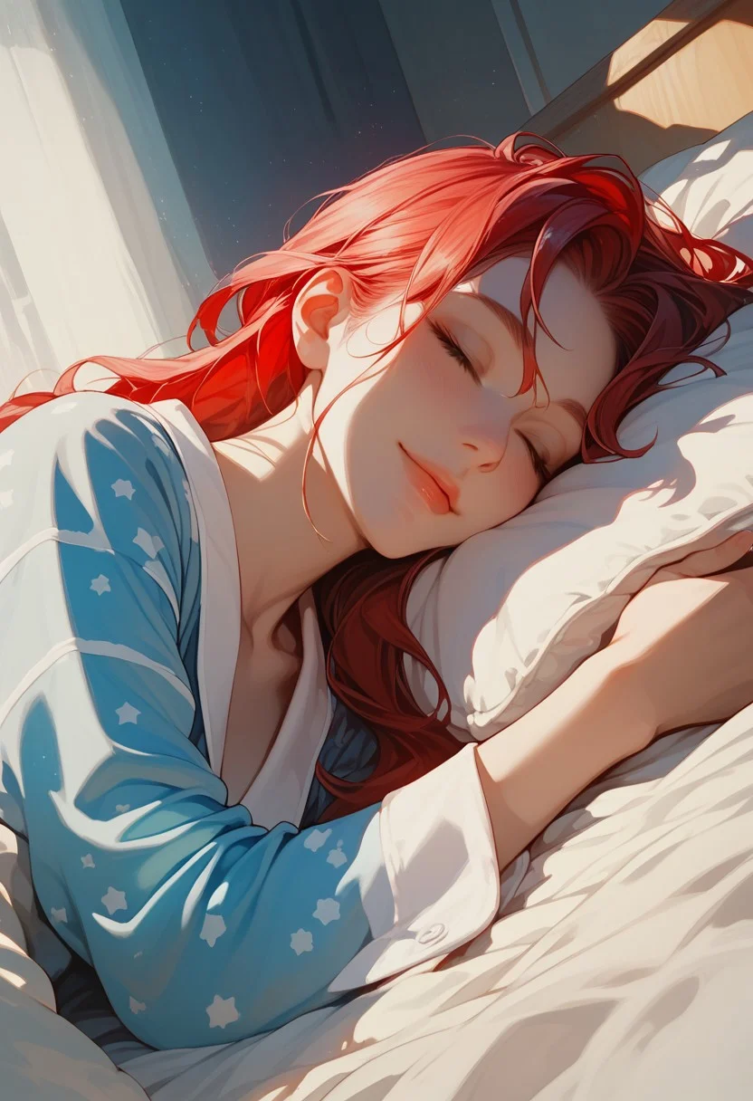 score_9, score_8_up, score_7_up, score_6_up, score_5_up, score_4_up, 1girl, (score_9, score_8_up:1.1),((( long straight hair,1,5))), (red hair:1.2), light blue eyes, slim, small breasts, pale skin, white pale ,shy smile ,HD32k, dynamic pose, aesthetic, perspective, solo, detailed, sensual look,wearing a pajamas , close eyes , sleeping ,on bed (((, dark lighting ,))),night ,side view