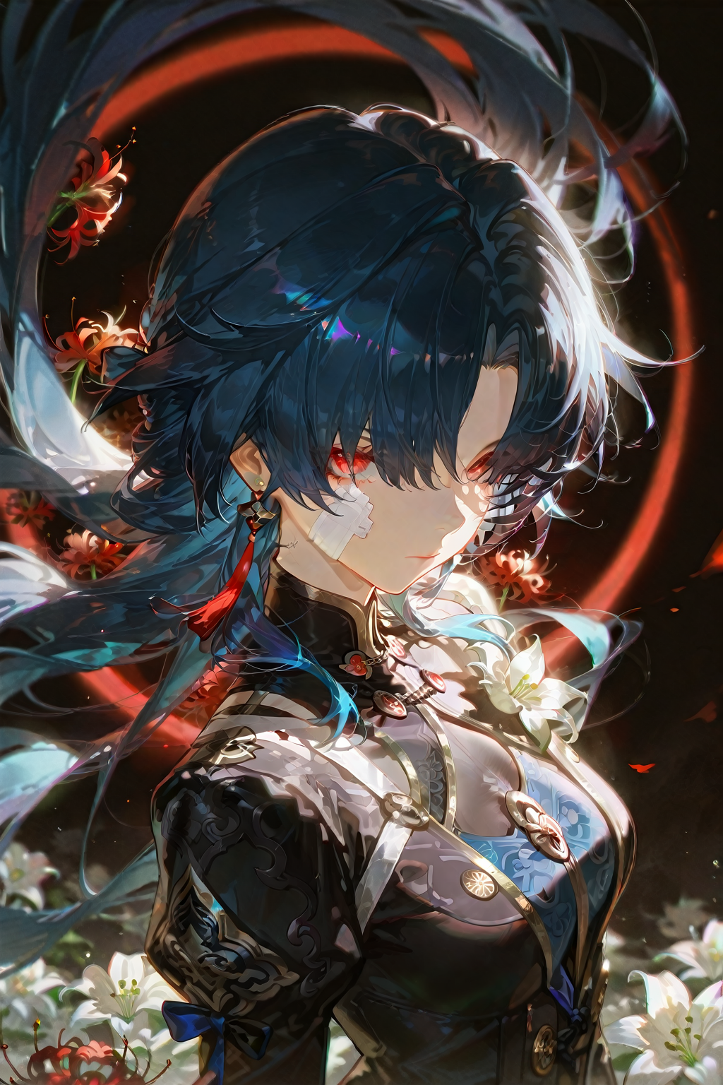 masterpiece,best quality,amazing quality,very aesthetic,absurdres,newest,scenery,usnr,blade \(honkai: star rail\), honkai: star rail, honkai \(series\), black background, black jacket, black ribbon, blue hair, flower, gold trim, gradient hair, hair over eyes, jacket, lily \(flower\), long hair, multicolored hair, red circle, red eyes, red flower, red spider lily, ribbon, serious, solo, streaked hair, tassel, undershirt, looking at viewer, eyelashes, spider lily, chinese clothes, shirt, long sleeves, blue ribbon, curtained hair, tassel earrings, very long hair, black shirt, buttons, earrings, mandarin collar, black hair, collared jacket, bandages over clothe, closed mouth, parted lips, sidelocks, jewelry, parted bangs, upper body, floating hair, white flower, bandage on face,<lora:illustrious_noobai_epsilon_pred_1_best_quality_v1:0.7>,<lora:ponyv4_noob1_2_adamW-000017:0.7>,<lora:USNR STYLE_XL_lokr:0.7>,