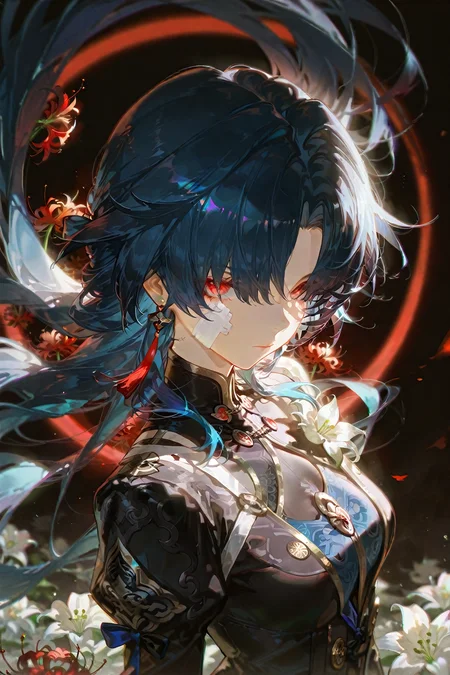 masterpiece,best quality,amazing quality,very aesthetic,absurdres,newest,scenery,usnr,blade \(honkai: star rail\), honkai: star rail, honkai \(series\), black background, black jacket, black ribbon, blue hair, flower, gold trim, gradient hair, hair over eyes, jacket, lily \(flower\), long hair, multicolored hair, red circle, red eyes, red flower, red spider lily, ribbon, serious, solo, streaked hair, tassel, undershirt, looking at viewer, eyelashes, spider lily, chinese clothes, shirt, long sleeves, blue ribbon, curtained hair, tassel earrings, very long hair, black shirt, buttons, earrings, mandarin collar, black hair, collared jacket, bandages over clothe, closed mouth, parted lips, sidelocks, jewelry, parted bangs, upper body, floating hair, white flower, bandage on face,<lora:illustrious_noobai_epsilon_pred_1_best_quality_v1:0.7>,<lora:ponyv4_noob1_2_adamW-000017:0.7>,<lora:USNR STYLE_XL_lokr:0.7>,