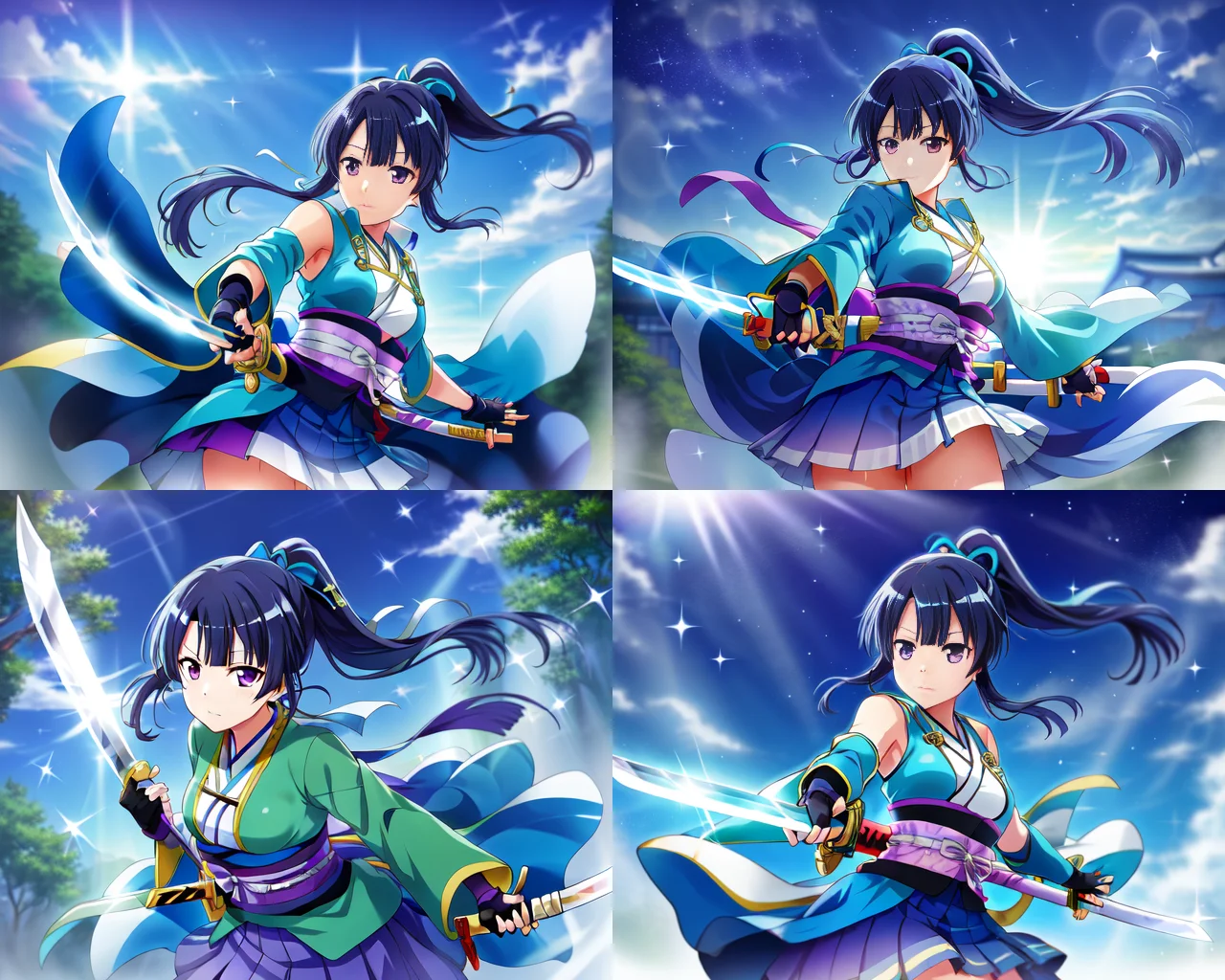 tomoe_tamao\(starlight\), tomoe_tamao\(Hijikata_Toshizou\), 1girl, blue_sky, cloud, diffraction_spikes, fingerless_gloves, glint, gloves, glowing_sword, headband, holding, holding_sword, holding_weapon, japanese_clothes, katana, lens_flare, light_rays, long_hair, night, night_sky, outdoors, ponytail, purple_eyes, shooting_star, skirt, sky, solo, sparkle, sparkle_background, star_\(sky\), starry_sky, sun, sunlight, sunrise, sword, weapon, masterpiece, high_quality,Extremely Delicate Pixiv 8K-Illustration, Best Quality, Hyper Detailed, Intricate Details, Sun Dogs Effect, Depth Of Field,, (extremely detailed skin), (extremely detailed eyes), (extremely detailed face), (extremely detailed hair), (perfect anatomy), extremely detailed CG unity 8k wallpaper,thick highlights in eyes,extremely detailed glistening iris, perfect shading, perfect overlay, perfect highlights, color tress, colorful reflected light in eyes,