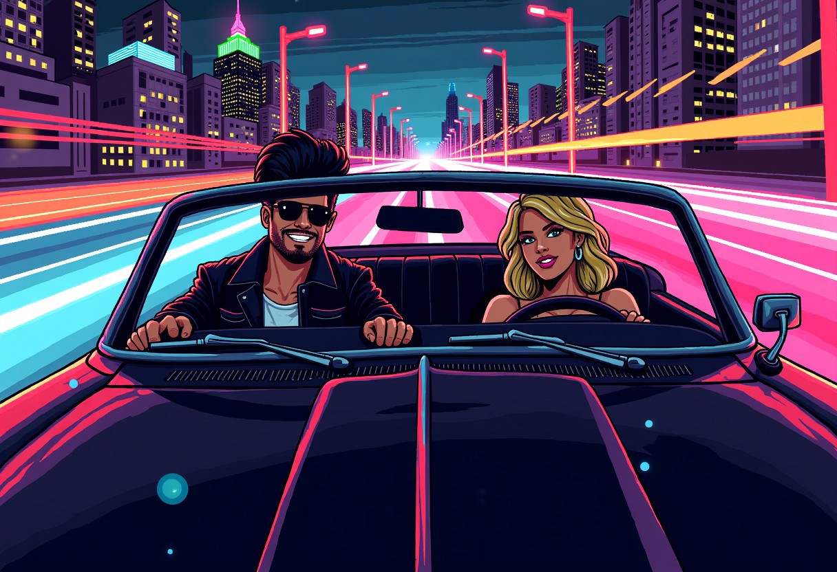 pixelart,retro style,masterpiece,((cool man wearing a leather jacket is driving a convertible shiny black car)),relaxing,he is wearing sunglasses and smiling confidently,smirk,black hair mullet,on the back seat is sitting a blonde beautiful woman wearing elegant clothes and green eyes,happy smile, neon highway,retro city in the background with tall buildings,joy moment,light poles,driving at high speed,movement lines,wind blowing,after image lights,(view from front of car)
