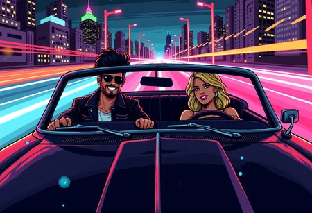 pixelart,retro style,masterpiece,((cool man wearing a leather jacket is driving a convertible shiny black car)),relaxing,he is wearing sunglasses and smiling confidently,smirk,black hair mullet,on the back seat is sitting a blonde beautiful woman wearing elegant clothes and green eyes,happy smile, neon highway,retro city in the background with tall buildings,joy moment,light poles,driving at high speed,movement lines,wind blowing,after image lights,(view from front of car)