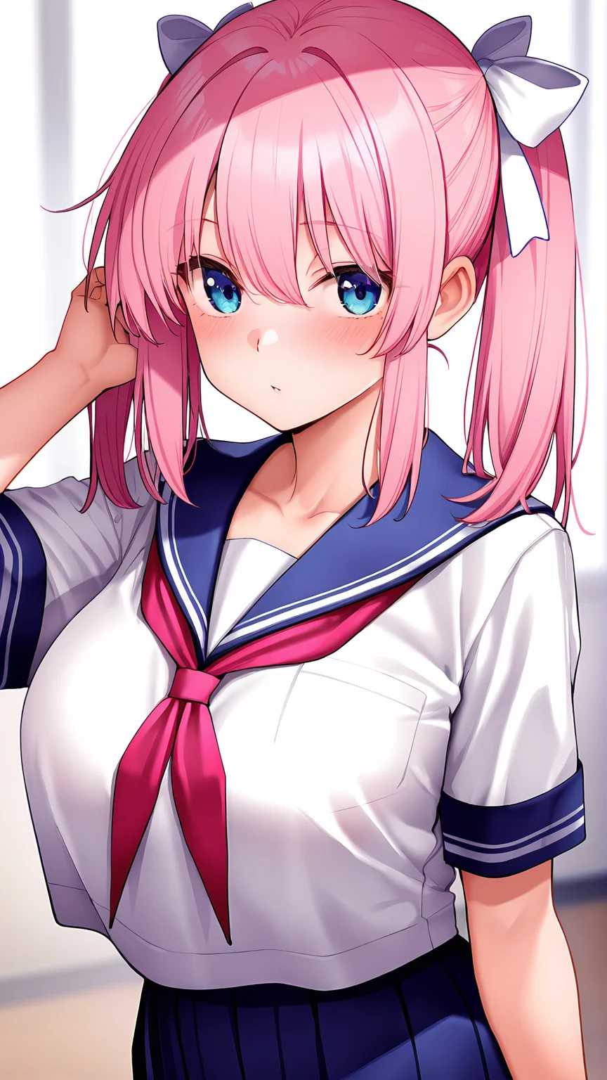 amazing quality,absurdres,best quality,masterpiece,highres,newest,detailed,detailed body,detailed face,masterpiece,best quality,solo,
ayano,1girl,school uniform,pink hair,solo,twintails,serafuku,<lora:ayano:0.8>,