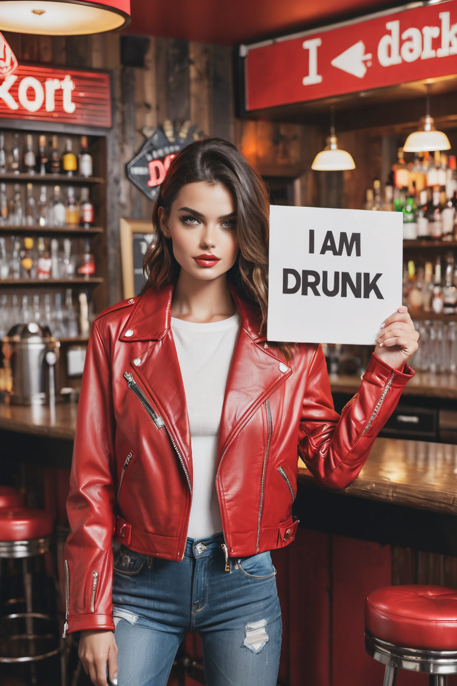 fashion model posing inside a bar, red leather jacket holding a sign with text:"i am drunk" <lora:art-v5:.4> <lora:text:1>