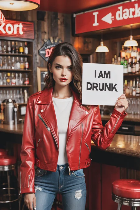fashion model posing inside a bar, red leather jacket holding a sign with text:"i am drunk" <lora:art-v5:.4> <lora:text:1>