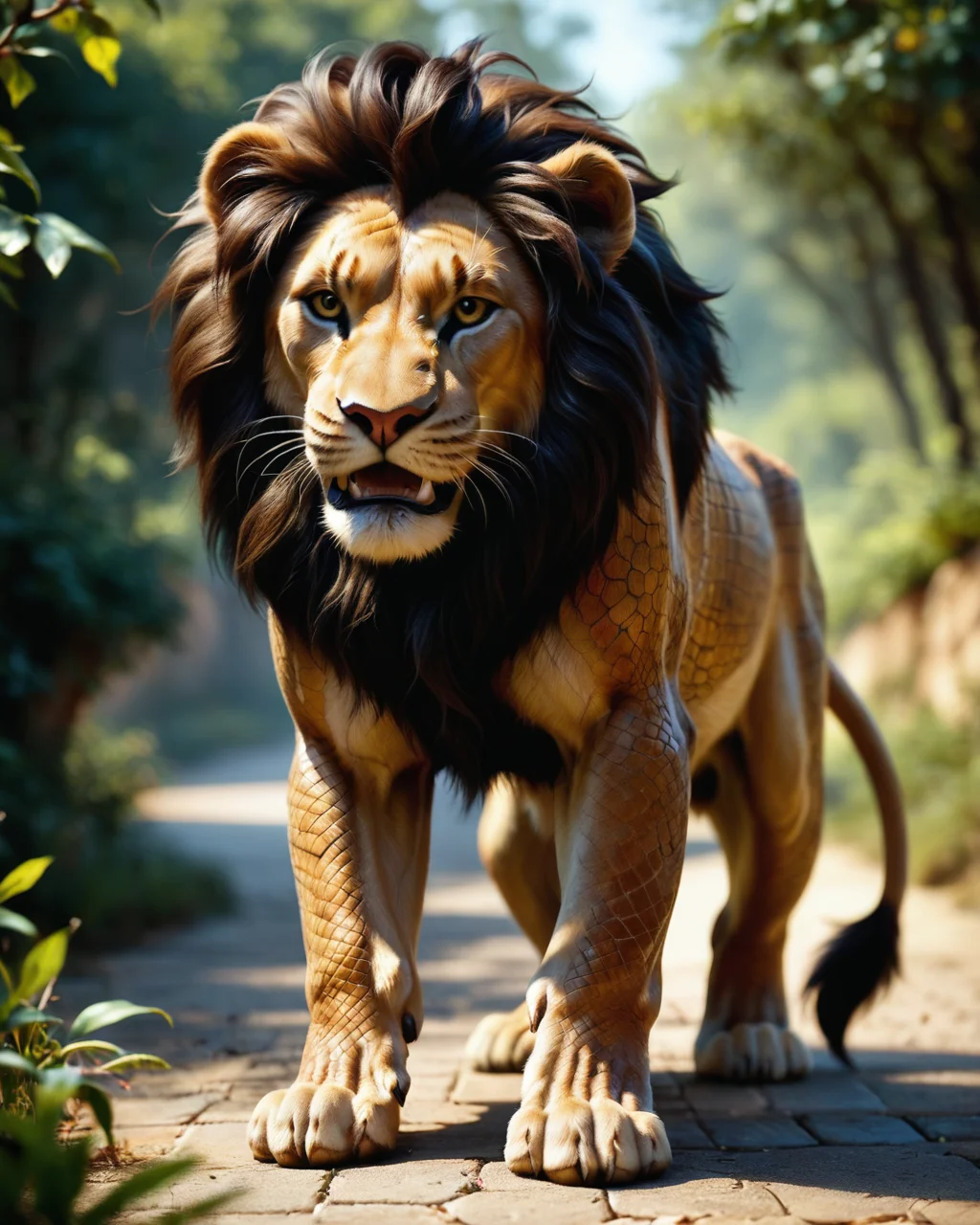 score_9, score_8_up, score_7_up, intricate details, rating_safe,
<lora:SnakeSkinStyle:0.7>,
1boy(solo,
feral furry, Lion with Jed-snkskn, snakeskin,
full body, looking at the viewer, solo, happy), detailed background, depth of field, subsurface scattering,
<lora:ral-chrosc-clr:0.5>, ral-chrosc-clr,
<lora:xl_more_art-full_v1:0.3>,
<lora:add-detail-xl:0.3>