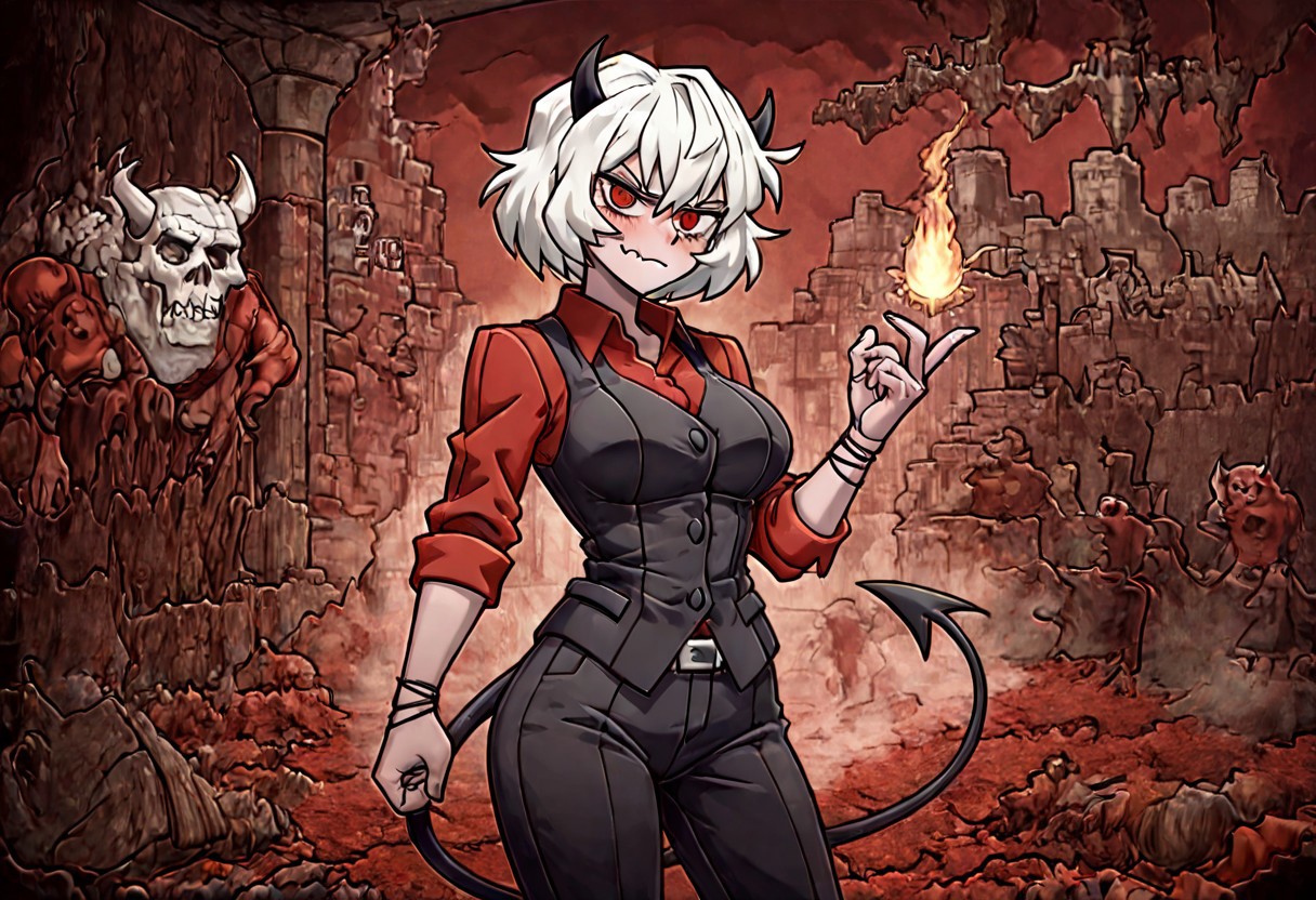masterpiece, best quality, newest, absurdres, highres, H3GM/P-V1.1, 
1girl, malina \(helltaker\), demon girl, short hair, white hair, horns, demon tail,
