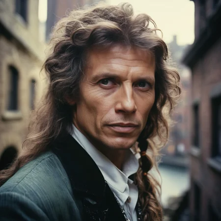 art by Dante Gabriel Rossetti, Norman Parkinson,close up of a Pretty short Atomic Age ([Sean Bean|Steven Tyler] :1.3) , Trendy hair styled as Dutch braid, from inside of a Cityscape, dungeon, Spring, Panorama, Wonder, Princesscore, key light, bokeh, Fujicolor Fujichrome Velvia 100, 80mm