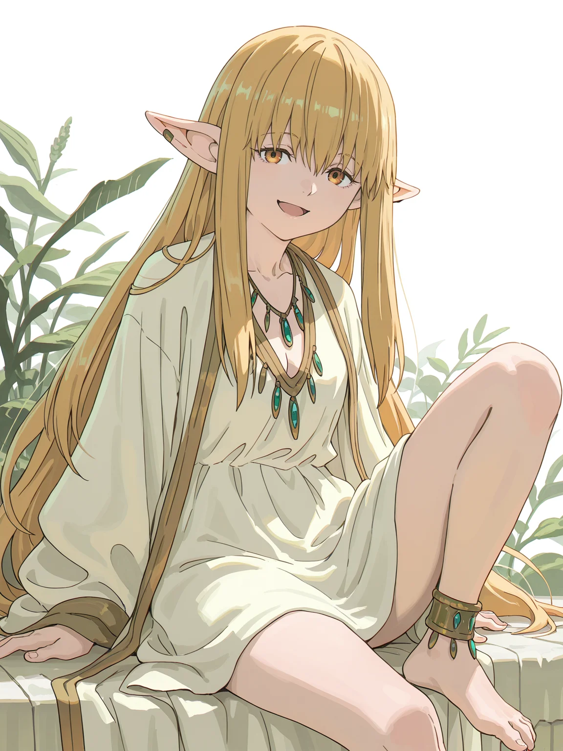 Serie,Serie, solo, jewelry, looking at viewer, sitting, dress, open mouth, barefoot, necklace, anklet, white dress, smile