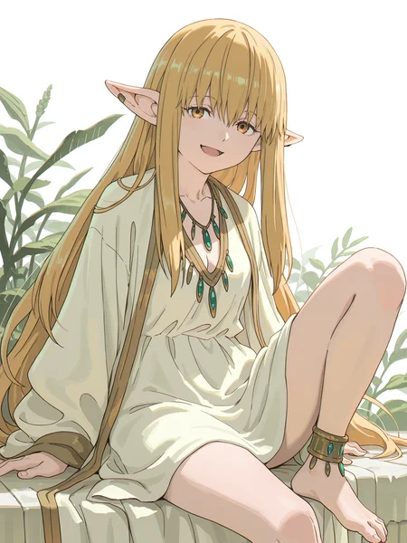 Serie,Serie, solo, jewelry, looking at viewer, sitting, dress, open mouth, barefoot, necklace, anklet, white dress, smile