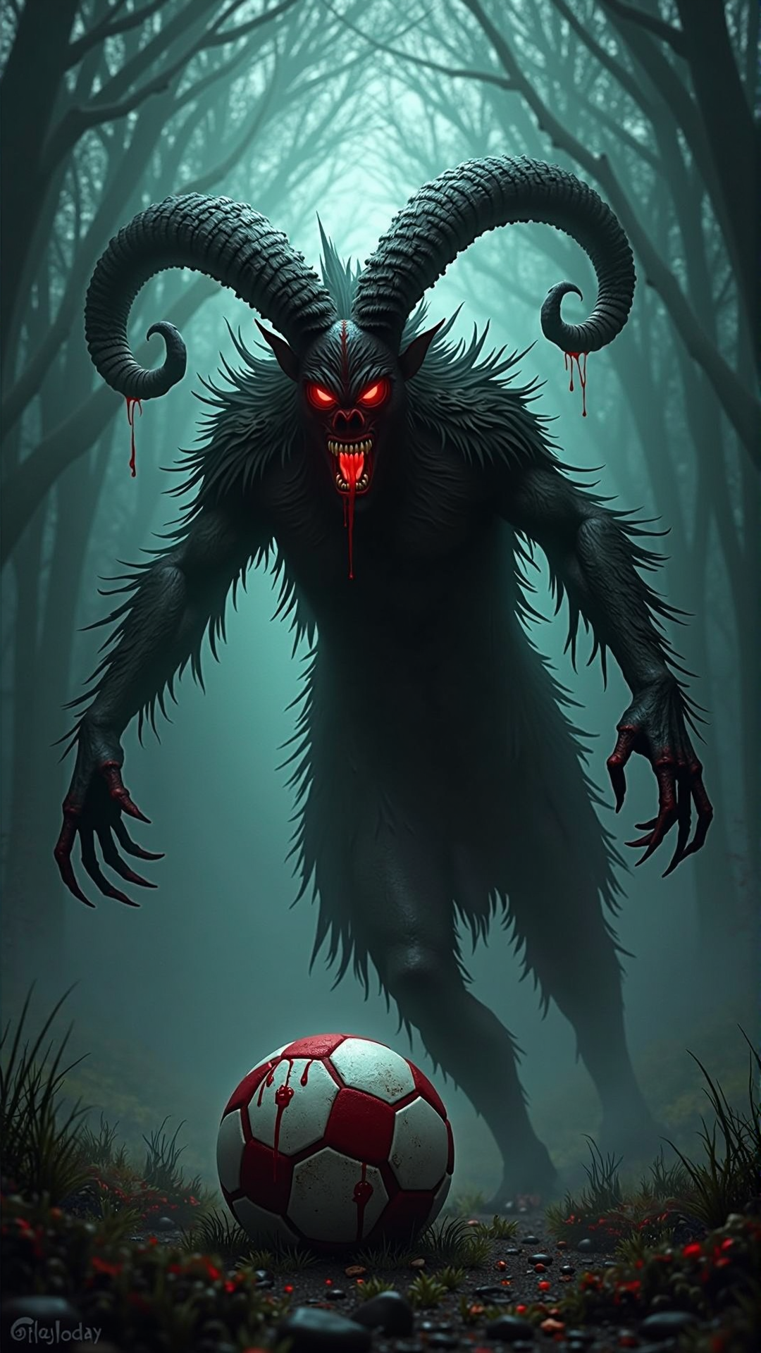 An image of a KrampusStyle Soccer. Dark, atmospheric and moody atmosphere. spirals, blood, evil
<lora:KrampusStyleFlux:__wildcards/numbers/07-09__>