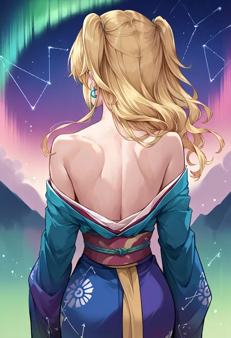 score_9, score_8_up, source_anime, 1girl, solo, YuzuAihara, long hair, two side up, earrings, aurora, back, bare back, bare shoulders, constellation, from behind, kimono, light particles, long sleeves, off shoulder, <lora:ChamYuzuAiharaPonyXL:1>