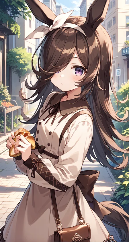 score_9,score_8_up,score_7_up,
official art,official style,game cg,megami magazine,
1girl,
rcs casual, rice shower (umamusume),
animal ears, bangs, blush, bow, brown dress, brown hair, brown ribbon,
casual, collared dress, dress, eyebrows visible through hair, frilled dress,
frills, hair bow, hair over one eye, hair ribbon, hairband, horse ears, horse girl, horse tail,
long hair, long sleeves, puffy long sleeves, puffy sleeves, ribbon, tail, violet eyes, white hairband,
standing,
<lora:umamusume_rice_shower_pony_v1:1>,