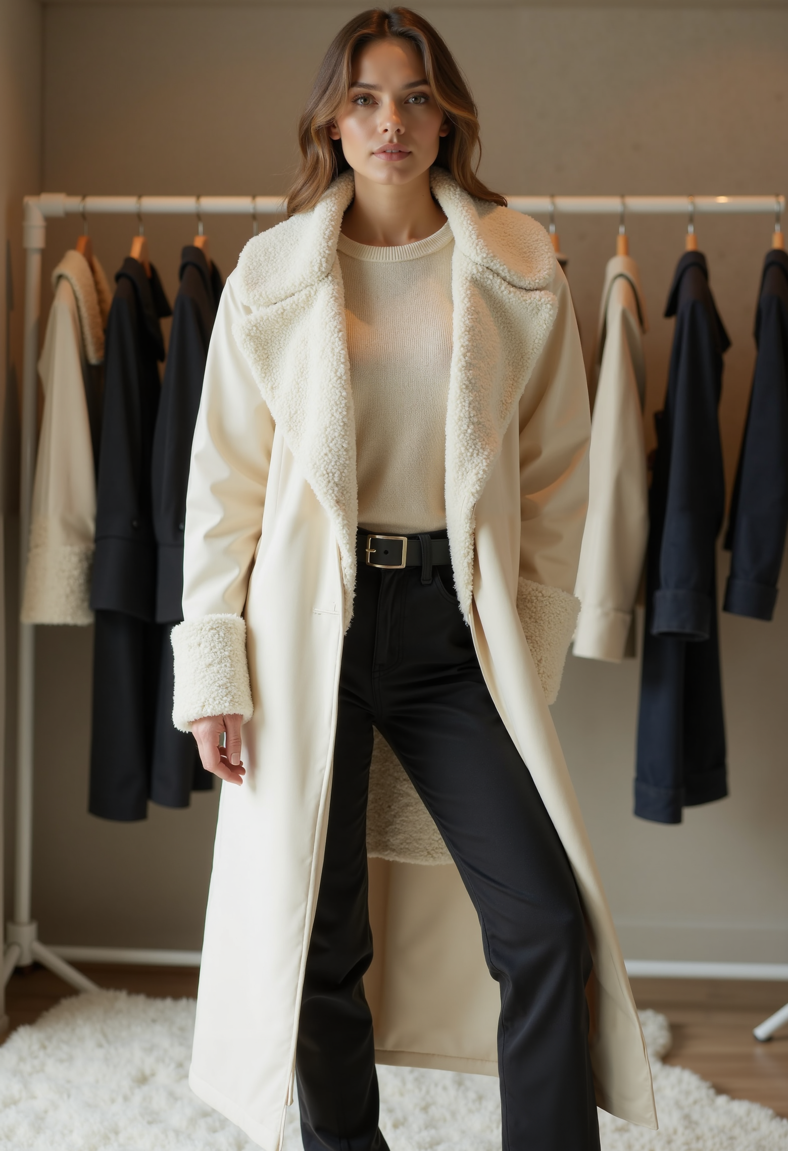 full body shot, beautiful woman, clo023, wearing a closed longline cream coat, shearling collar and cuffs, belted at the waist, sweater, black trousers, boots, posing in a detailed fashion store,