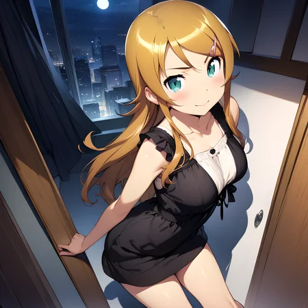 (masterpiece),(best quality),(ultra-detailed),(best illustration),(best shadow),(absurdres),(detailed background),(very aesthetic), kirino kousaka, blonde hair, long hair, hair clip, green eyes, bangs, seductive smile, casual outfit, black dress, looking at viewer, night background, on a room, <lora:XL-KirinoKousakav1:1>