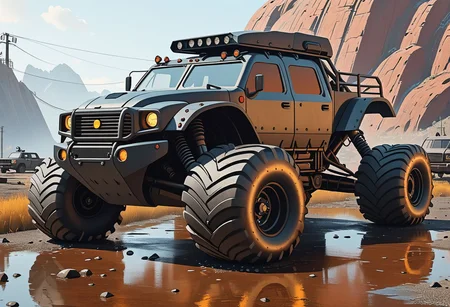 Three/Fourth view of an heavily armored, black, post-apocalyptic, off-road monster-truck vehicle.
The vehicle has 6 wheels.
The vehicle is a monster-truck buggy.
The vehicle is painted with a thick matte black paint and has tiny glowing dark black steel accents.
The vehicle is black. Very, very, very black. Obscured glasses.
Armored, bolted thick steel plates protect the people inside the vehicle.
A great amount of bolted steel plates covers the vehicle.
The bolts are very visible and some of them are rusty.
Many details everywhere. Ray-Tracing. Anti-Aliasing. Realistic reflections. Realistic soft shadows.
Slightly desaturated colors. 
Insane quality. Insane resolution. Insane details. Masterpiece.
Life-Like Photorealism. 
16k resolution
By Simon Stalenhag.