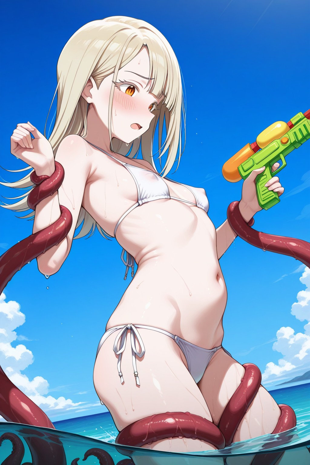 1girl, shinosawa hiro, idolmaster, bikini, blonde hair, blue sky, blush, breasts, covered nipples, horizon, long hair, navel, ocean, open mouth, orange eyes, outdoors, restrained, side-tie bikini bottom, sky, small breasts, solo, swimsuit, tentacles, wading, water, water gun, white bikini, masterpiece, best quality, absurdres, amazing quality