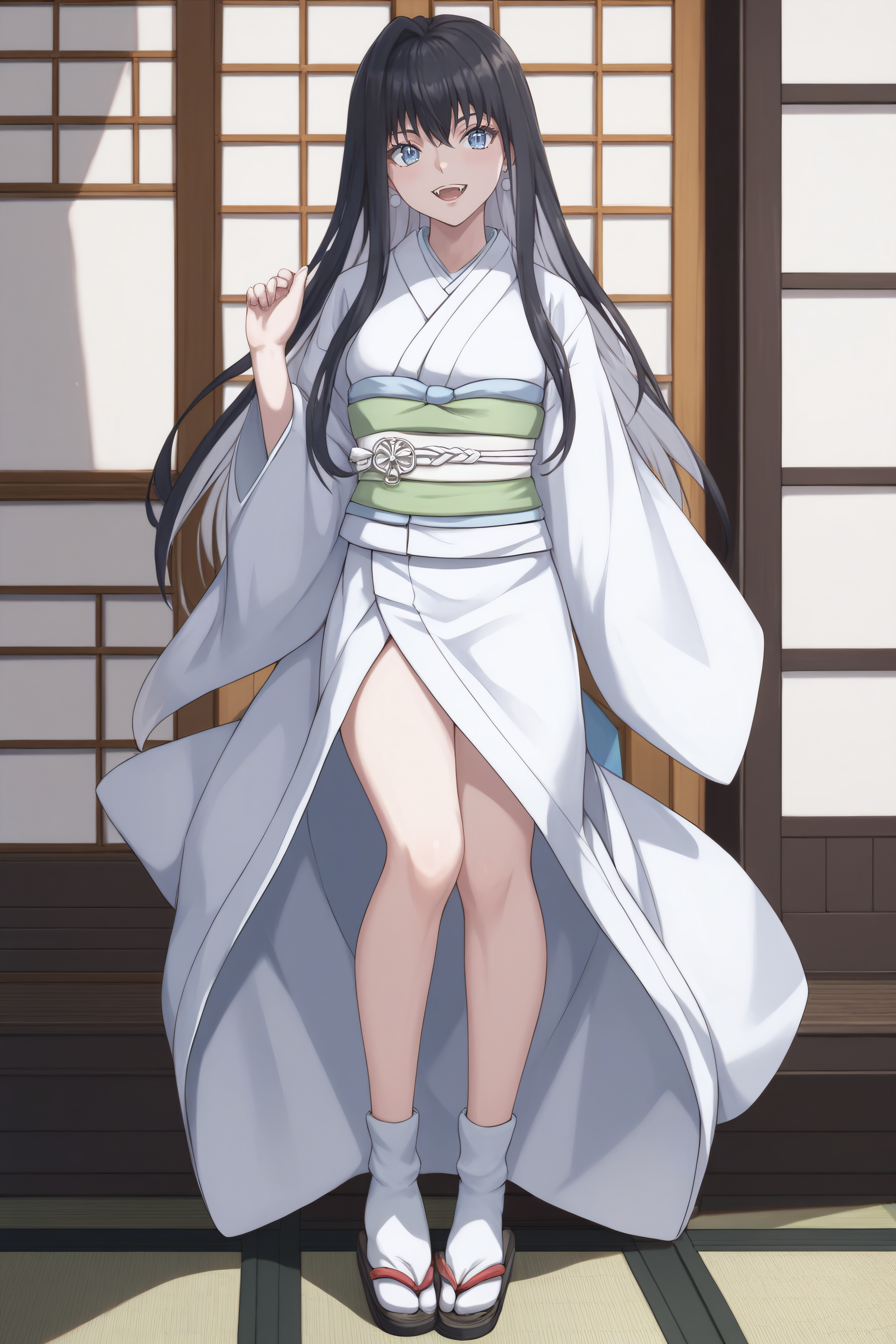 score_9, score_8_up, score_7_up, BREAK, source_anime, <lora:Yuki Onna-PonyXL-lora-Faxtron:0.8> yuki onna, light blue eyes, black hair, multicolored hair, long hair, medium breasts, fangs, japanese clothes, white kimono, sash, obi, socks, sandals,