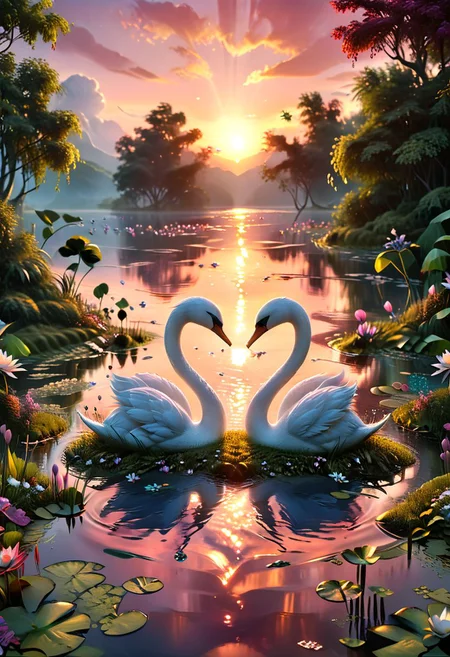 (masterpiece), realistic lighting, score_9, score_8_up, score_7_up, realistic, intricate details, hyperdetailed, extremely sharp, 4k, ,vivid colors,
((masterpiece)), ((best quality)), (ultra-detailed), absurdres, extremely detailed CG unity 8k wallpaper, Official Art, two beautiful swans in the pond, one in front of the other, forming a heart, same size,they kiss, trees, plants, flowers, water lilies, breathtaking sunset, astral energy, magical and romantic atmosphere colorful, late spring scenery, illustration, (dramatic lighting:1.1),
hyperdetailed, hyperrealistic, 8k, high quality, hi res, best quality, high quality, absurd res, volumetric lighting, reflections, polished, intricate, soft warm lighting,