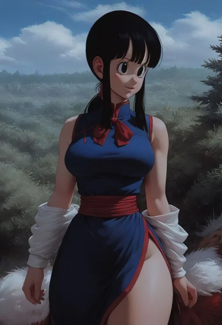 score_9, score_8_up, score_7_up, score_9, score_8_up, score_7_up,score_9, score_8_up, score_7_up, score_6_up, score_5_up, source_anime, uncensored, BREAK, masterpiece, best quality, ultra-detailed, chichi_dbz, ((milf, mature face, tall)), Purple_Dress_Orange_Neckerchief, sleeveless, standing, smile, on the mountains, cowboy shot, realistic, volumetric lighting, intricate details, tonemapping, sharp focus, hyper detailed, <lora:chichi_dbzV2:0.7>