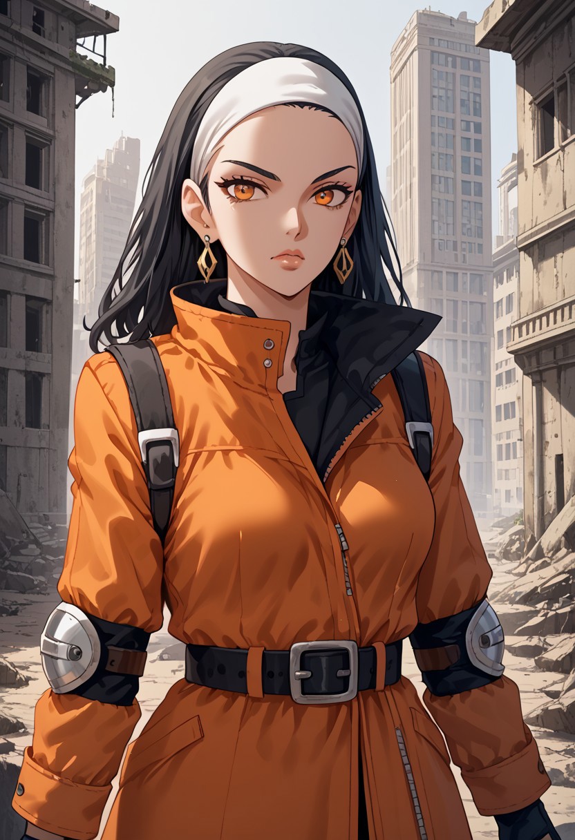 score_9,score_8_up,score_7_up,source_anime,5_figner,2d_animation,game cg,BREAK,1girl,solo,
MT heroine,black hair,black gloves,fingerless gloves,knee pads,orange jacket,earrings,
belt,lips,orange eyes,hairband,
medium breasts,front view,upper body,looking at viewer,serious,
outdoor,building,skyscraper,ruins,
masterpiece,best qualit,ultra-detailed,illustration,an extremely delicate and beautiful,beautiful detailed eyes,unity 8k wallpaper,high resolution,anime CG,official_art,