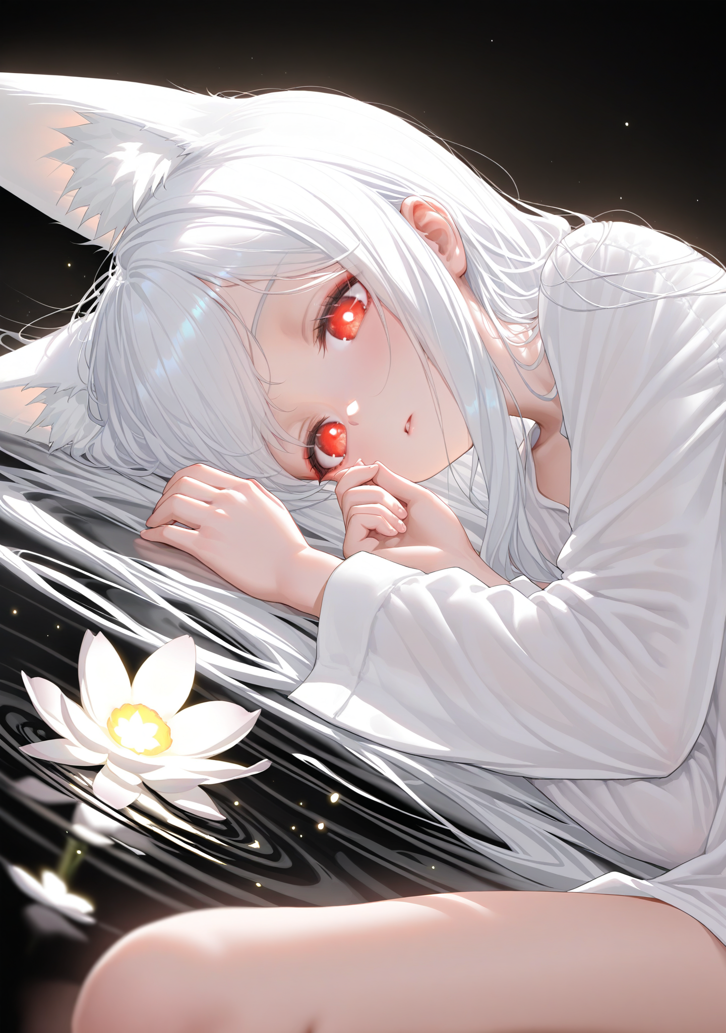 <lora:adelinestyle:1>,adelinestyle,
1girl,fox ears,red eyes,white hair,long hair,white shirt,long sleeves,lying,on side,glowing flower,water ripples,light particles,black background,