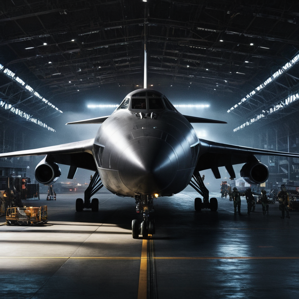 professional 3d model of  <lora:LoDe+Ro style:1>
a large futuristic airplane sitting inside of a hangar,multiple boys,military,science fiction,aircraft,airplane,vehicle focus,spacecraft,LoDe+Robots Style,Love Death + Robots style,Love,Death & Robots style,animated,horror,dark,black,apocalyptic,dystopian,domination , dramatic light, cyberpunk, LoDe+Ro style, octane render, highly detailed, volumetric, dramatic lighting