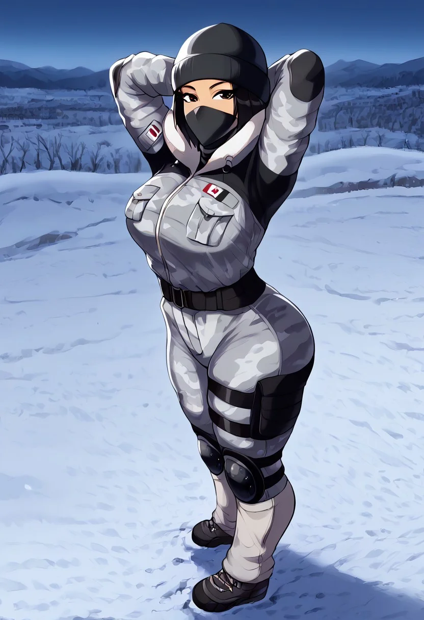 score_9, score_8_up, score_7_up, BREAK, (masterpiece, best quality, highres detail), <lora:add-detail-xl:1>,Expressiveh, <lora:Frost_Rainbow_Six_Siege_PONY_XL_by_UOC:1>, frost, frost \(Rainbow Six Siege\), 1girl, solo, (skinny), top heavy body, large breasts, wide hips, thick thighs,black hair,beautiful face,  beautiful eyes, brown eyes, hat, military uniform, uniform,  camouflage clothes,jacket,pants, knee pads, hood,  fur trim, black headwear, mask,(detailed background, outdoors, winter), ( from above,from side,standing on the hill ,head turned to viewer, looks at viewer,hands behind head, flirty,horny)