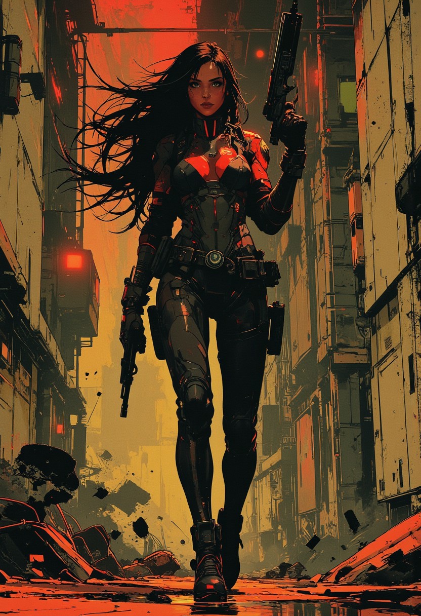 in the style of ck-mgs, nistyle, Inkplash art on rice paper, sepia, henna, Silhouette Art, magnificent, inksplash, closeup portrait, female bounty hunter, flowing black hair, reflective black and neon red armor, futuristic armor, futuristic rifle, walking towards viewer, holding up rifle, aiming rifle, holstered pistol, abstract background suggesting enclosed hallways of a futuristic spaceship, broken pannels and wires hanging off of the walls, eerie atmosphere, Cowboy Shot, close up,