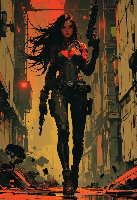 in the style of ck-mgs, nistyle, Inkplash art on rice paper, sepia, henna, Silhouette Art, magnificent, inksplash, closeup portrait, female bounty hunter, flowing black hair, reflective black and neon red armor, futuristic armor, futuristic rifle, walking towards viewer, holding up rifle, aiming rifle, holstered pistol, abstract background suggesting enclosed hallways of a futuristic spaceship, broken pannels and wires hanging off of the walls, eerie atmosphere, Cowboy Shot, close up,
